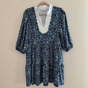 Smith & Quinn Navy Blue Floral Mini Dress XL White Collar 3/4 Sleeve Shift Tunic
